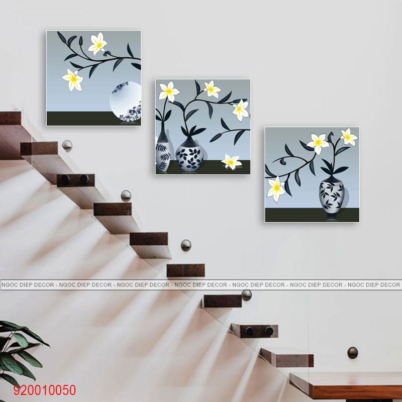 Bộ 20 mẫu tranh dán tường cầu thang lọ hoa 30X30, tranh trang trí in sắc nét rực rỡ