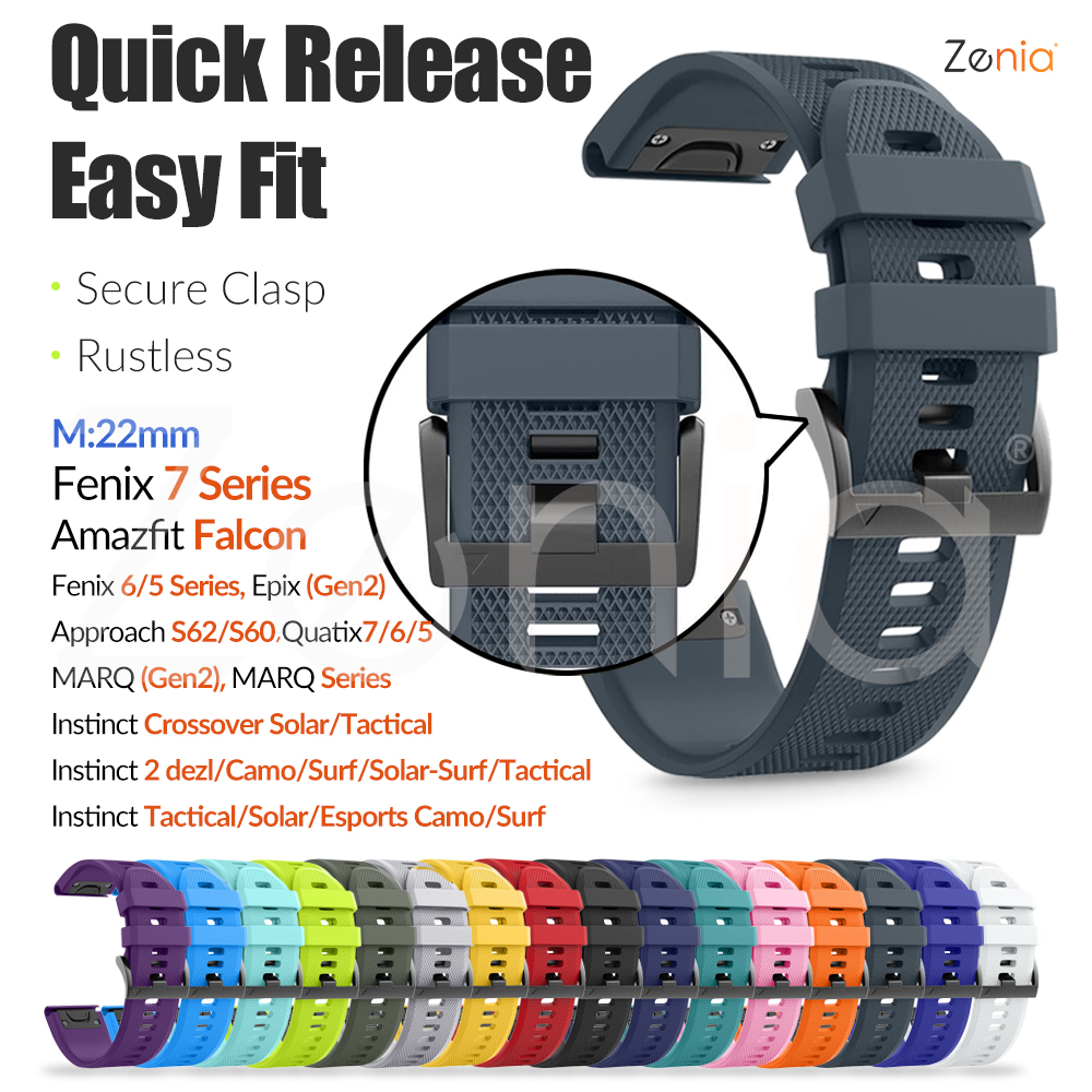 Zenia Nice Super Comfortable Soft Silicone 22MM Watch Strap for Garmin Instinct Corossover Solar Tactical Esports dezl Camo Surf MARQ Golfer Captain Aviator Athlete Adventurer Gen 2 Fenix 7 6 Pro 5 Plus Quatix Approach S62/S60 Amazfit Falcon Accessories