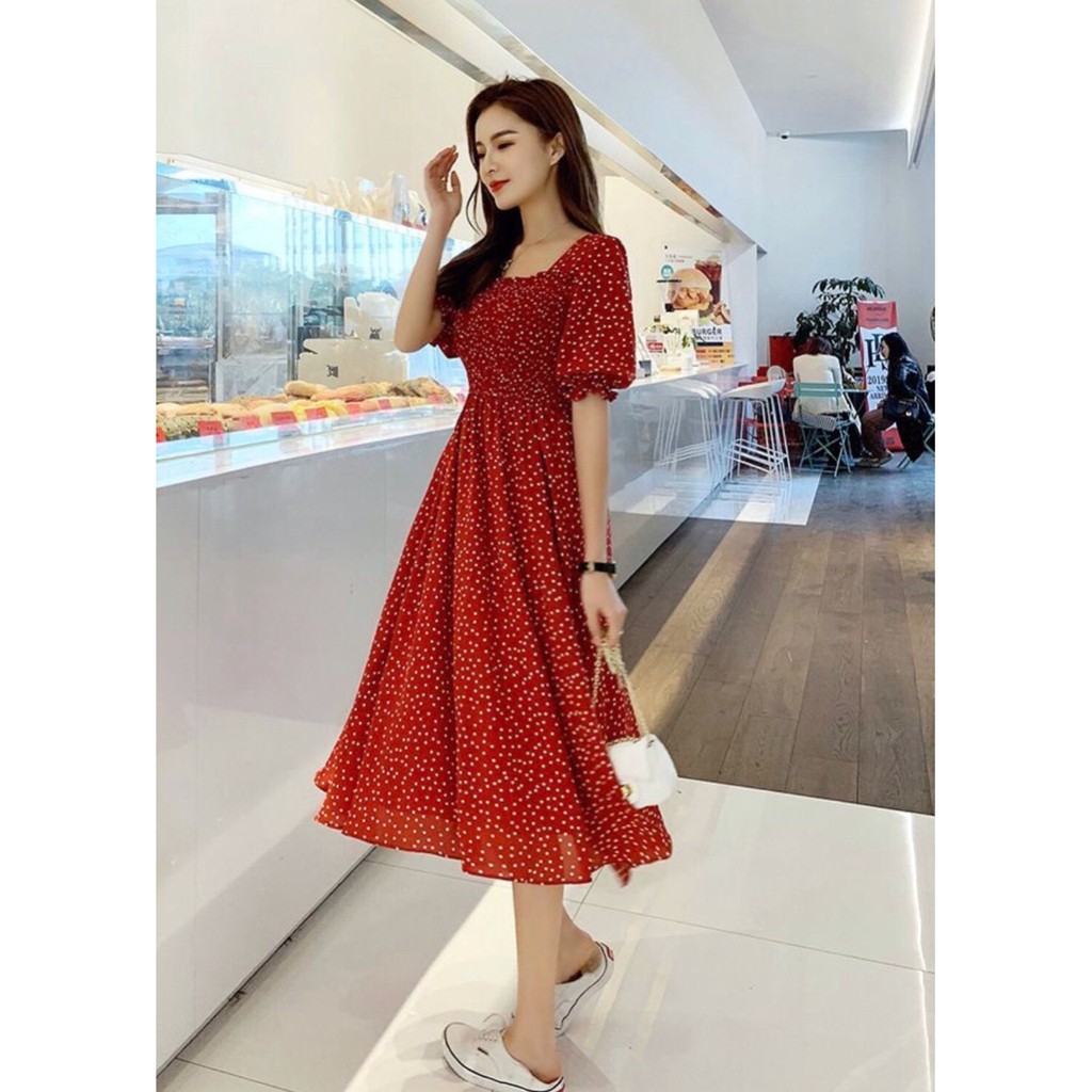 Đầm bi rối cổ U 2 màu