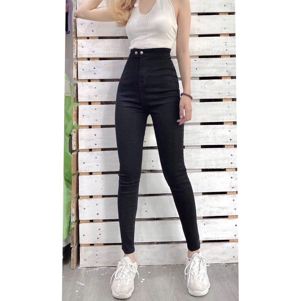 Quần Jean Nữ Lưng Cao ĐAI TRƠN HAI CÚC màu ĐEN  siêu đẹp chất jean giãn tốt 1-d5/1