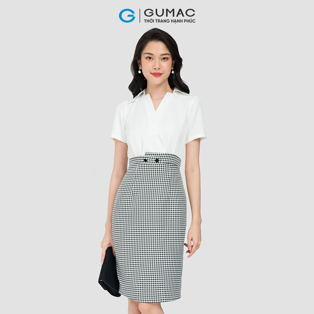 Đầm dáng A công sở GUMAC DD08025 cổ sơ mi, eo kiểu đính nút