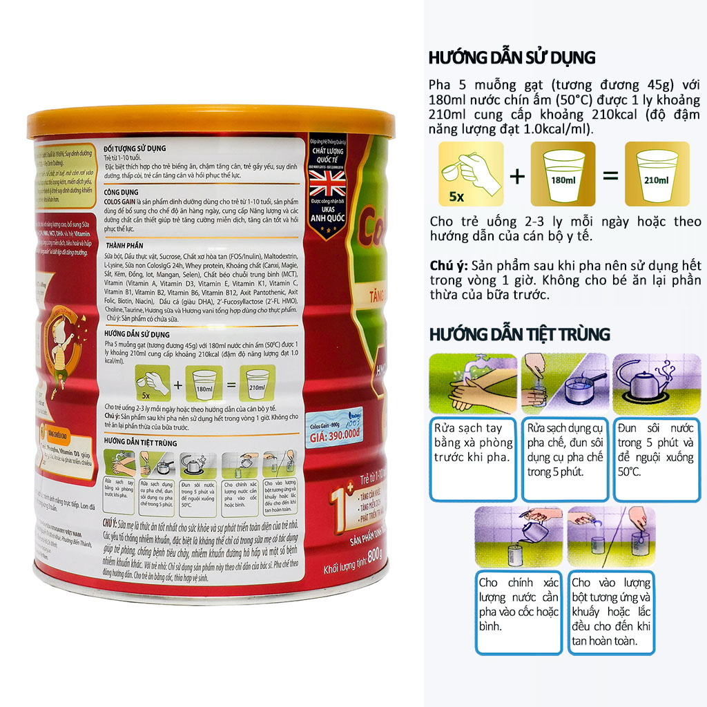 [ HOÀN TIỀN 10% ]Sữa bột Colos Gain 1+ Vitadairy 800g (Date Mới)