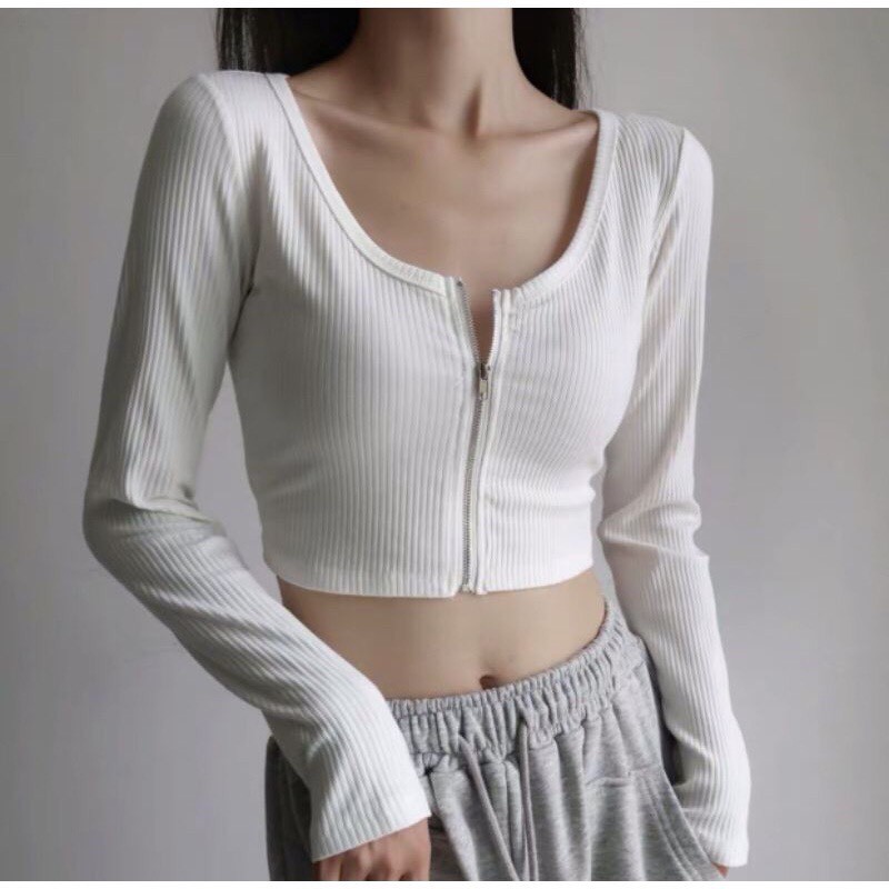 Áo Croptop Tay Dài Trơn Thiết Kế Khóa Kéo Độc Đáo Dành Cho Nữ