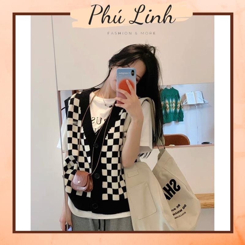 Ms452 áo gile len kẻ caro cổ tim