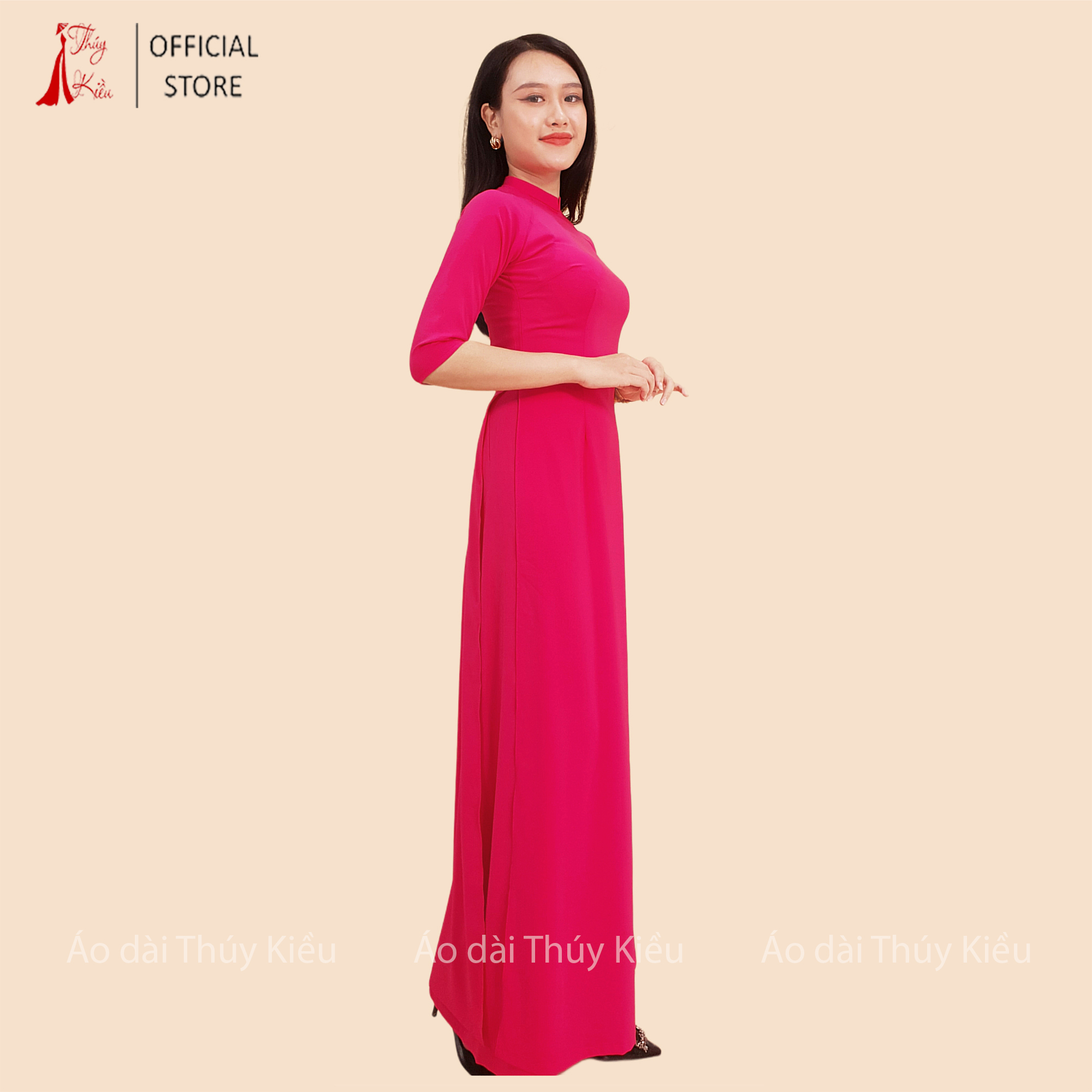 Áo dài trơn lụa Nhật cổ 2 phân màu hồng đậm AK11