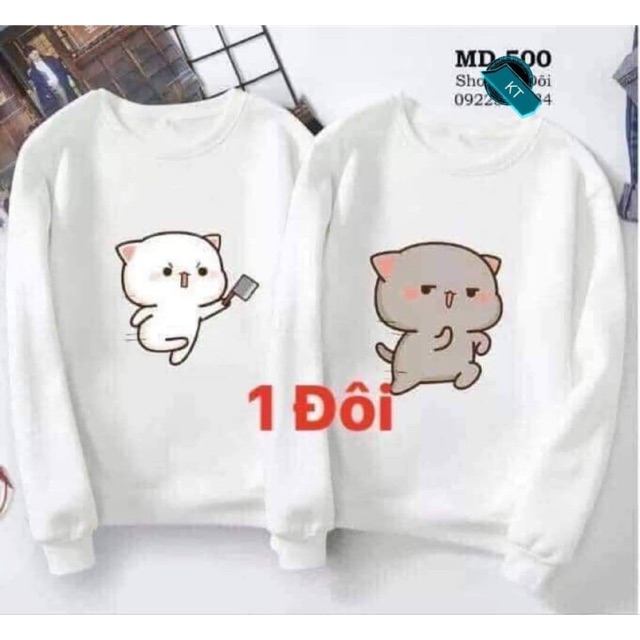 Áo đôi nỉ dài tay( 2 áo) in hai mèo cầm dao