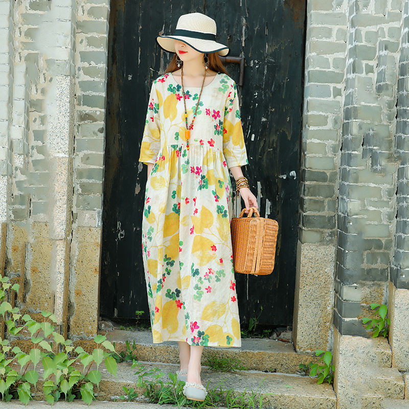 Retro văn học hoa tròn bông tròn và váy vải lanh Xiaqiu Kích thước lớn lỏng lẻo, eo mỏng váy dài
