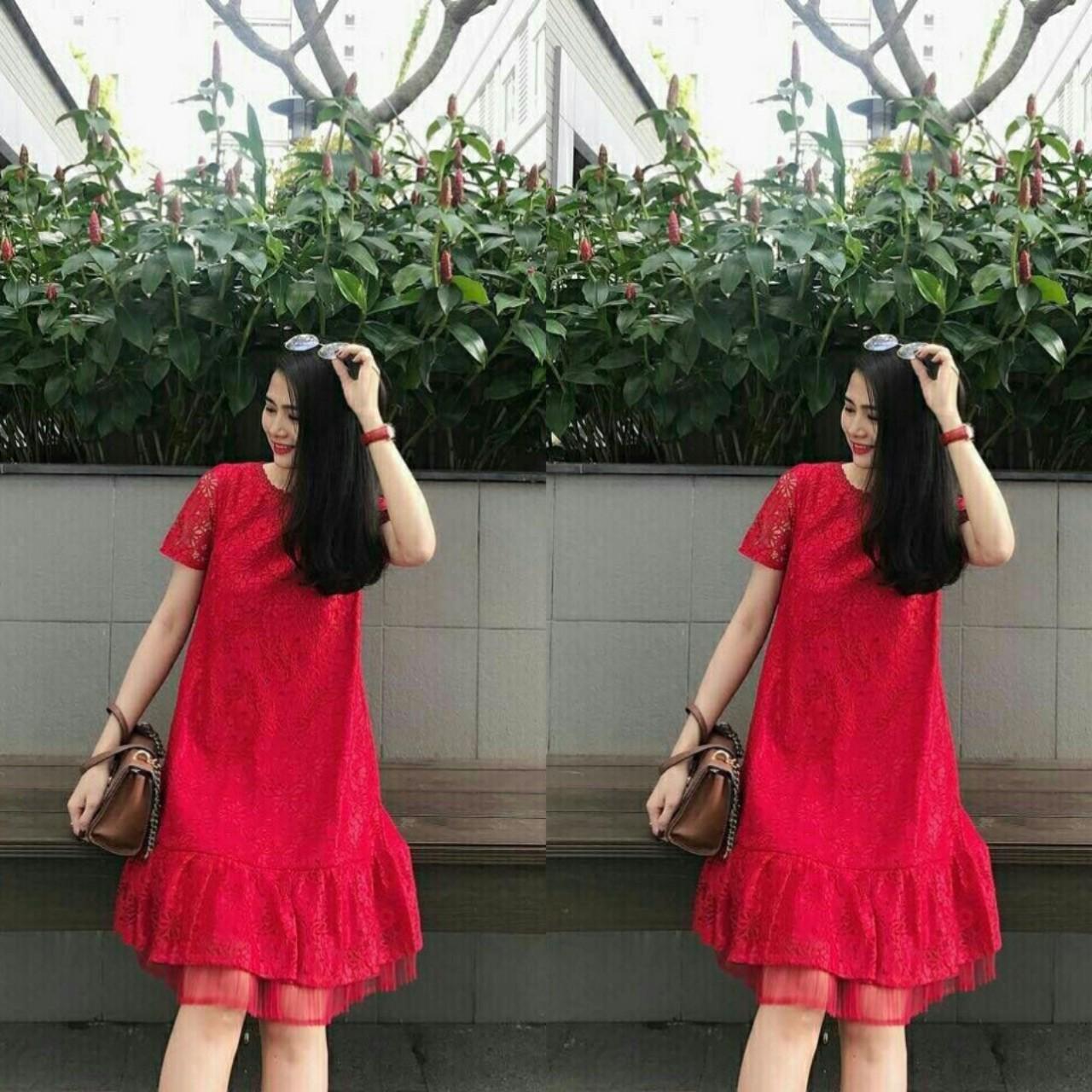Đầm bầu suông ren phối lưới dập ly