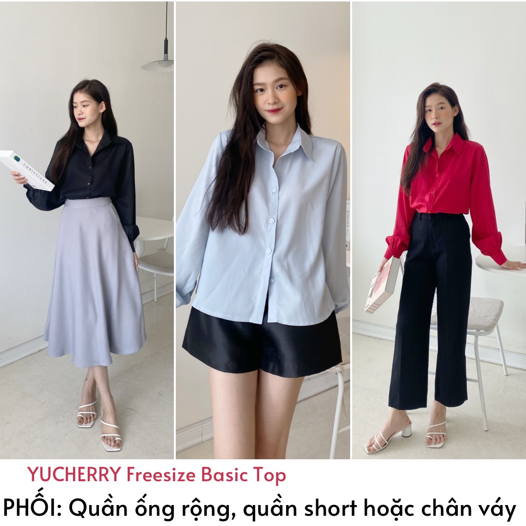 YU CHERRY | Áo sơ mi nữ tay bồng đuôi cá Freesize Basic Shirt YA432