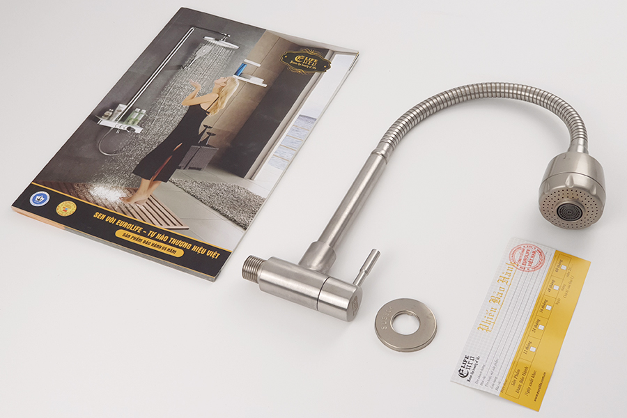 ( Có Video ) Vòi rửa chén lạnh âm tường Inox SUS 304, cần lò xo Eurolife EL-RC10 (Trắng vàng)