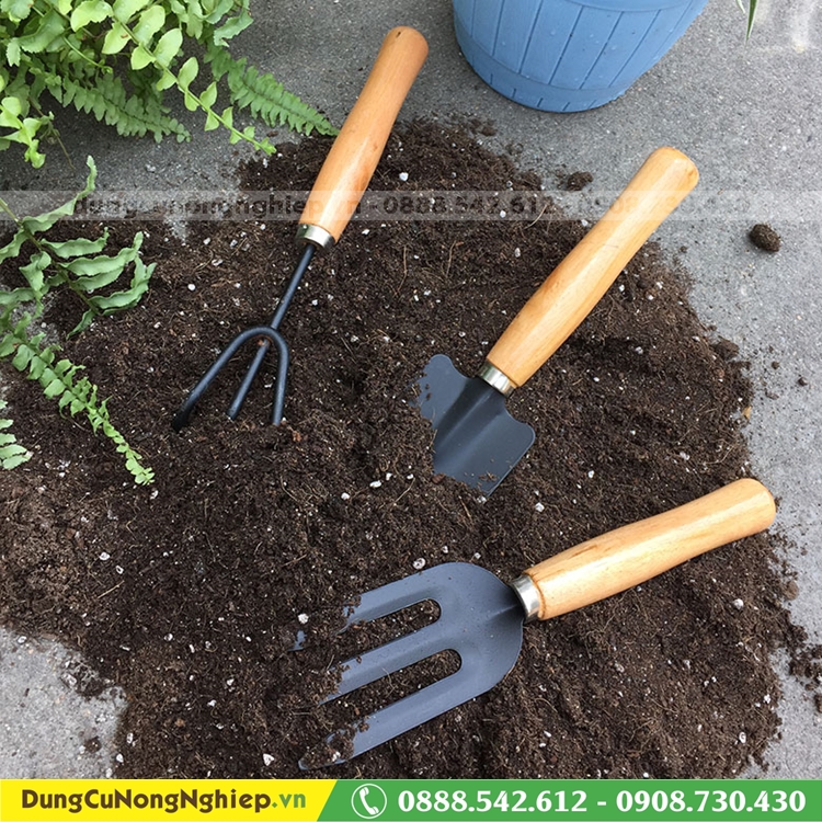 Bộ dụng cụ làm vườn mini 3 món cán gỗ