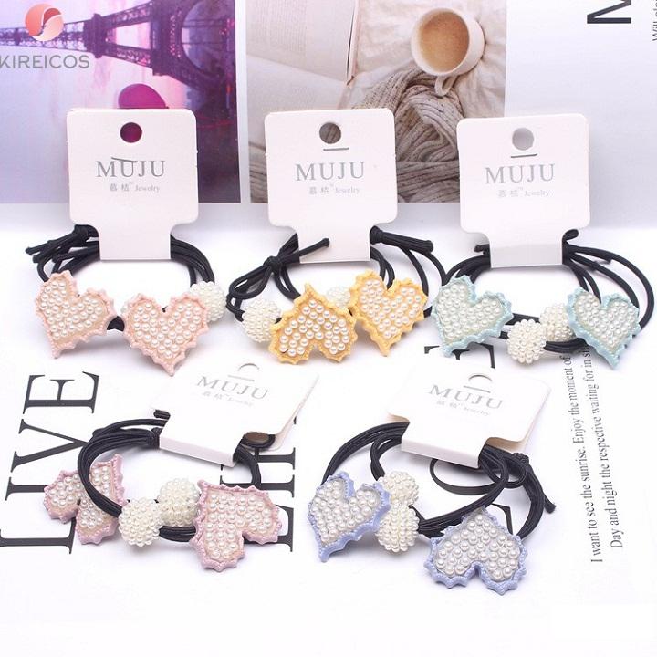 Set 2 Dây Cột Tóc Trái Tim Đính Hạt Nhiều Màu