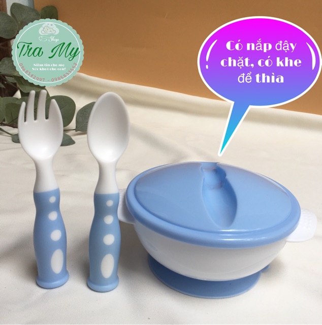 Bát ăn dặm chống đổ có nắp đậy  thìa và dĩa