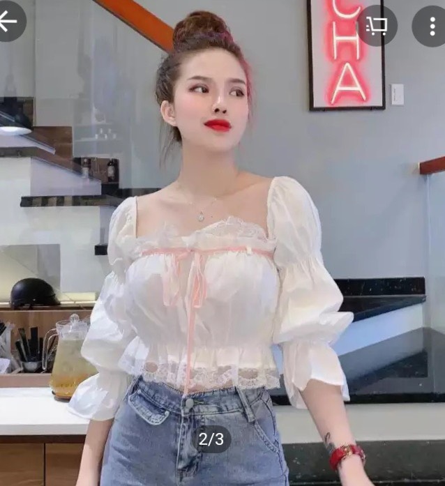 Áo voan trắng croptop cổ vuông phối dây nơ siêu chất TTSLA0049