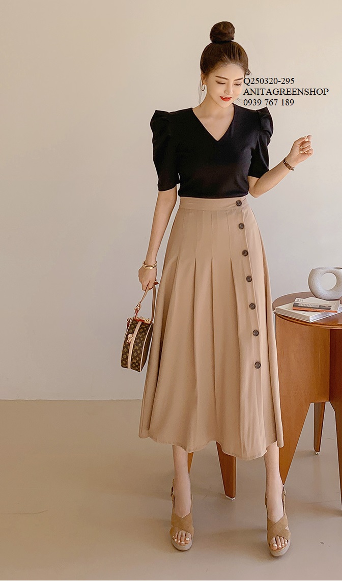Q250320 chân váy midi phối nút