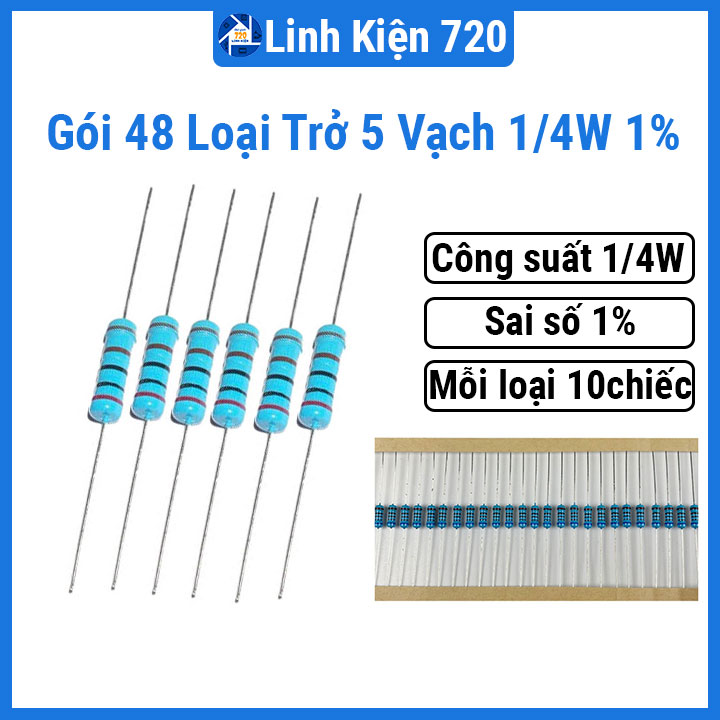 Gói 48 loại trở 5 vạch 1/4w 1% từ 1r-1m mỗi loại 10 con