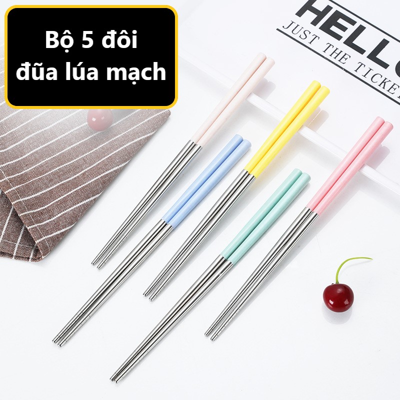 [ Bộ 5 đôi ] Đũa Inox 304 bọc nhựa lúa mạch chống trượt