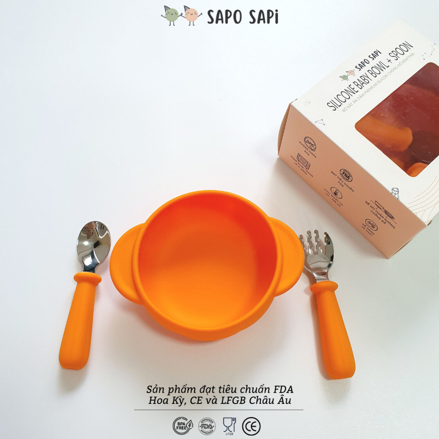 Bộ bát ăn dặm premium silicon đế hít chống đổ kèm thìa dĩa ăn dặm inox: pumkin set