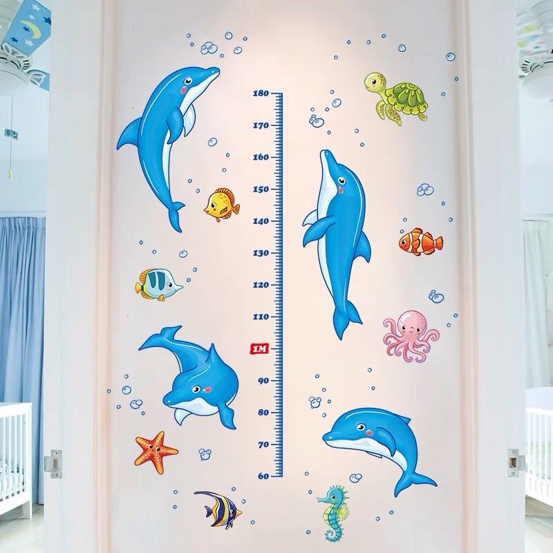 Decal dán tường thước đo chiều cao cá heo cho bé