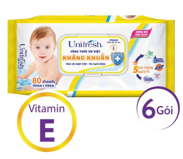 [FREESHIP] Combo 6 gói khăn ướt không mùi Unifresh Vitamin E - Khăn ướt trẻ em (80 miếng/gói)