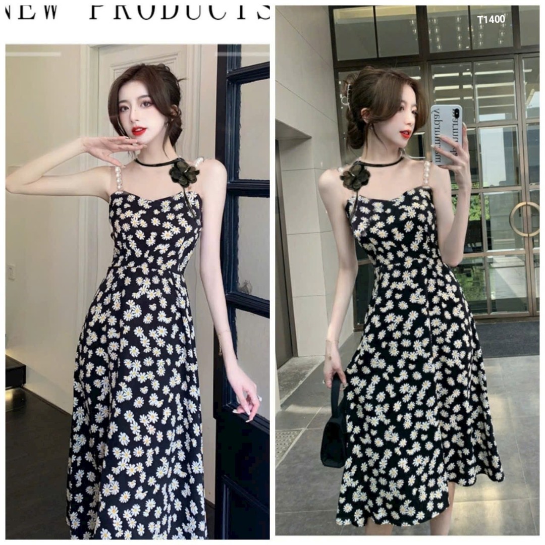 Đầm 2 dây dáng xòe cúc họa mi kèm bông cổ màu y hình chất liệu voan hoa T1400
