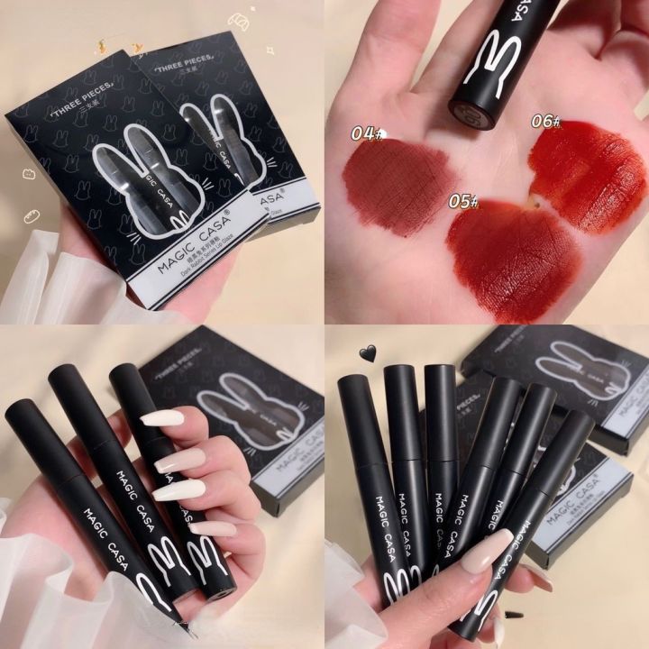 Magic casa set 3 son môi thiết kế vỏ đen hình thỏ xinh xắn | set 3 son kem lì magic casa hình thỏ đen chống thấm nước | set 3 son thỏ đen magic casa