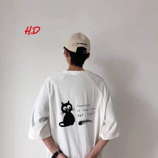 Áo phông mèo đen xương cá in lưng HDA0619