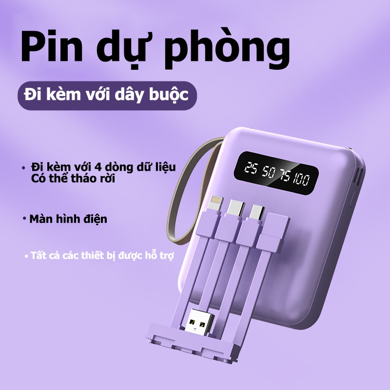 Pin sạc dự phòng 20000mAh di động,với đèn LED,Đi kèm với bốn dây có thể tháo rời,Pin lithium-ion polymer, sạc an toàn，Bảo hành 6 tháng