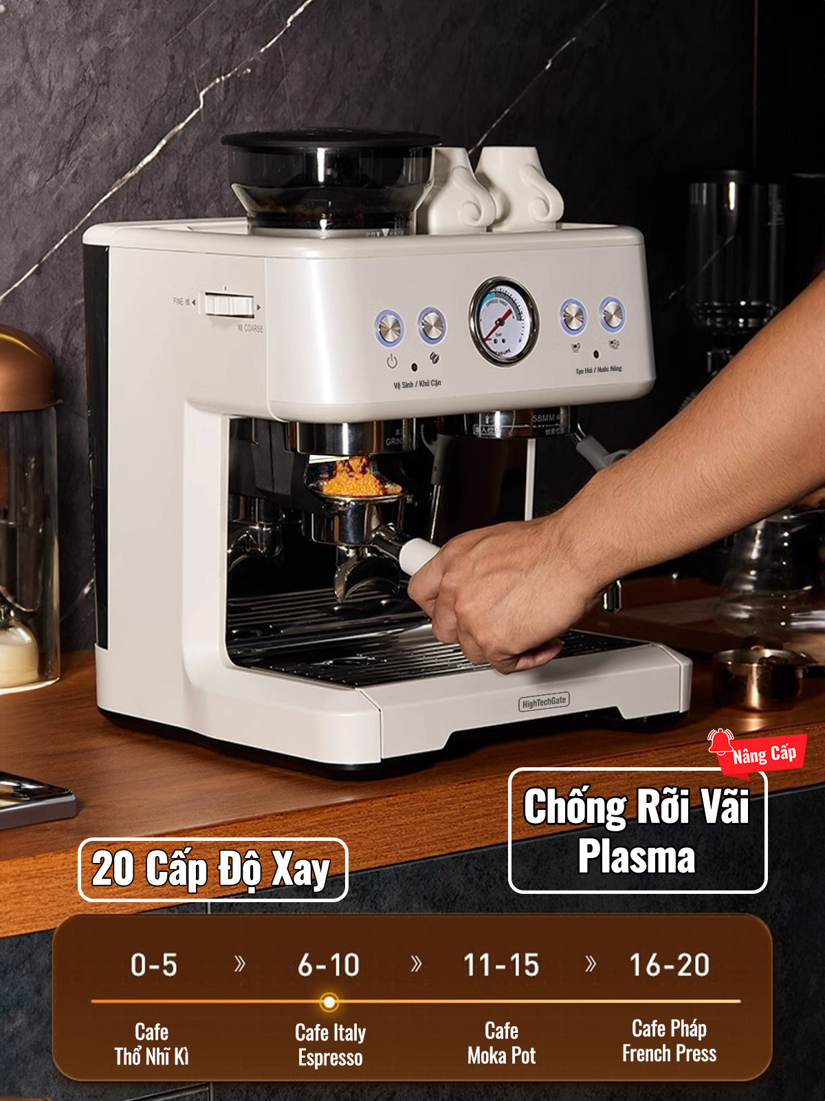 Máy pha cafe espresso CF07PLUS nâng cấp tích hợp xay 20 mức độ, với 2 boilers độc lập cùng·chế độ định lượng flow meter, họng pha inox 58mm