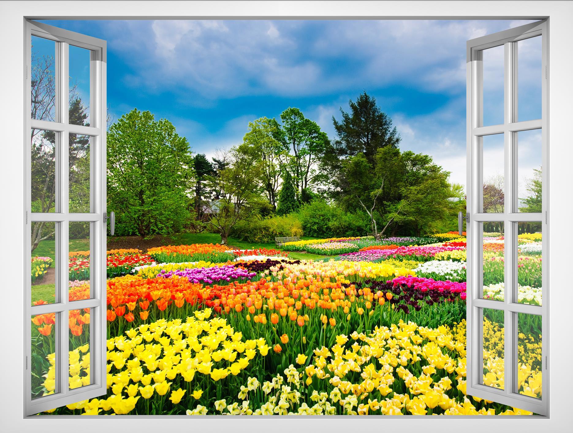 Tranh dán tường cửa sổ VTC Cảnh đẹp vườn hoa VT0373 phủ kim sa