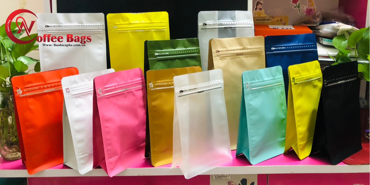 {500gr/size} TÚI ZIP ĐÁY ĐỨNG 8 CẠNH ĐỰNG CAFE (MÀU ĐỎ - ĐEN - TRẮNG, GIẤY KRAFT, BẠC, ĐỒNG)