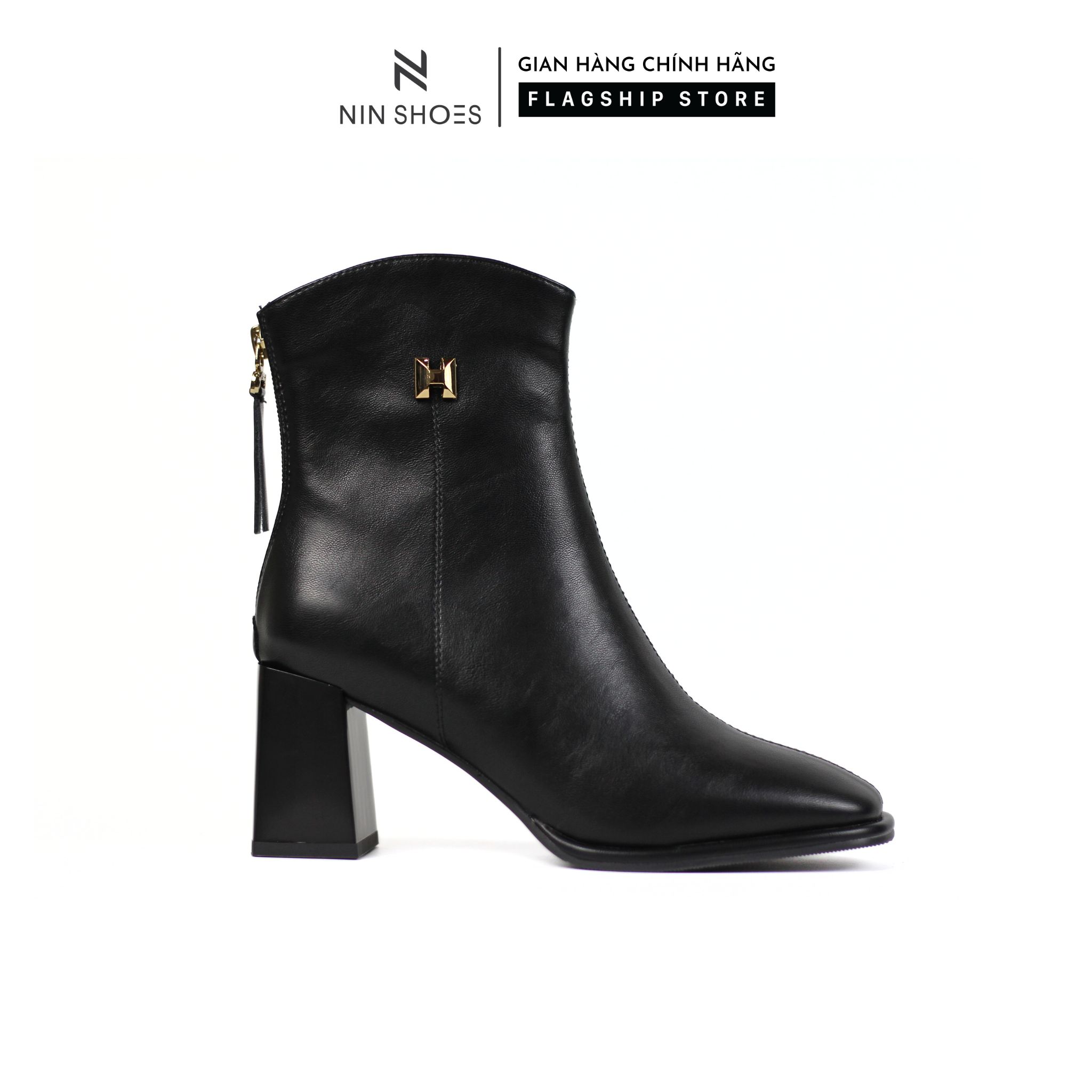 Giày boots nữ qbeyral, chất liệu da cao cấp, khóa sau, tag kim loại, độ cao 8cm hách dáng ninshoes - bom39