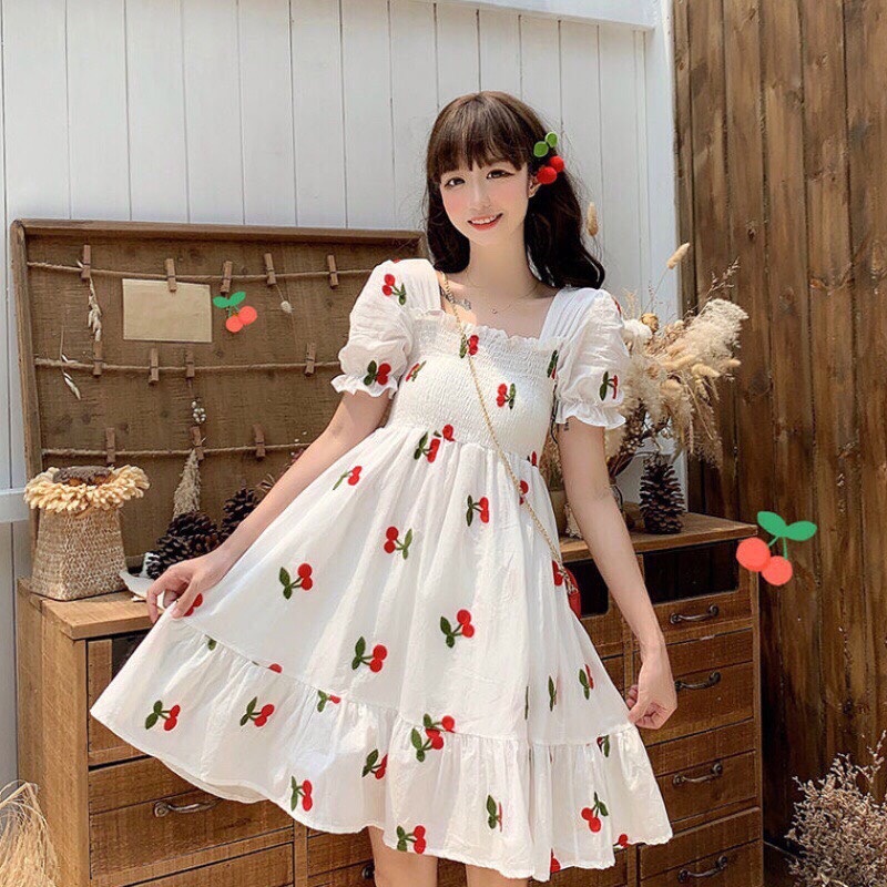 Đầm xòe nữ in hình cherry