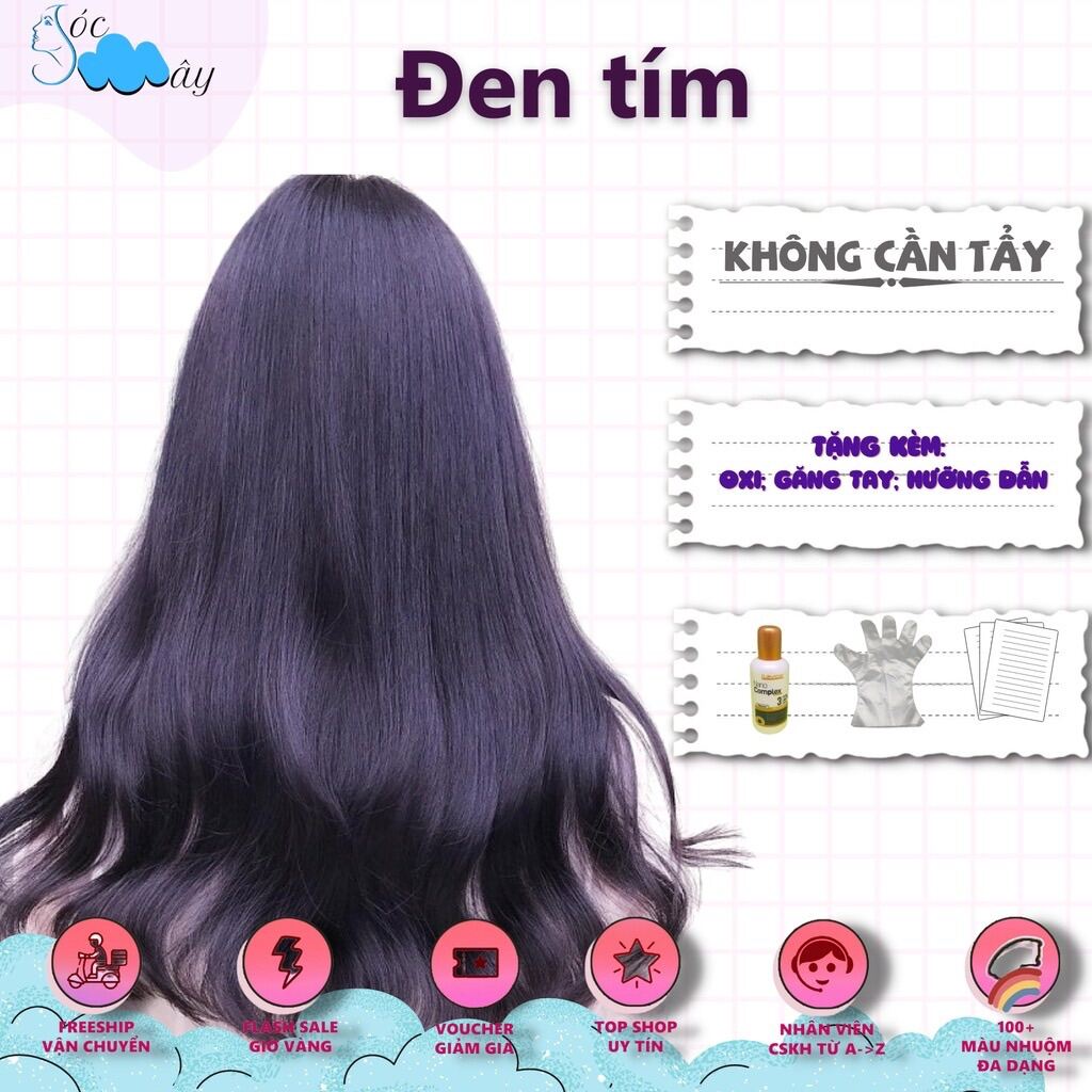 Nhuộm tóc màu đen tím, tím đen nhuộm tóc không cần tẩy tặng oxi và gang tay