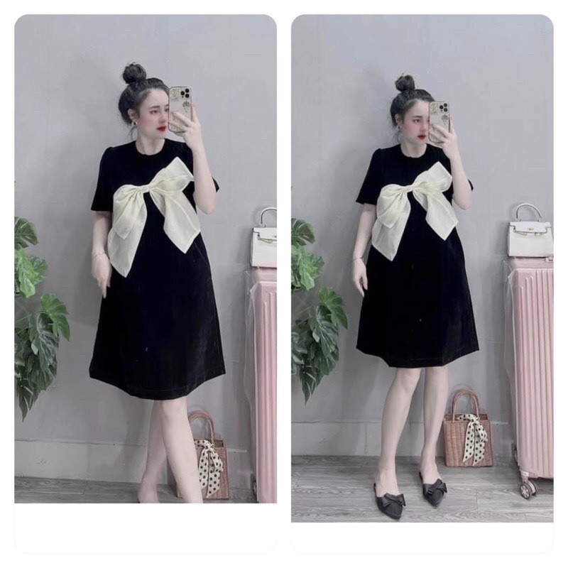 Đầm bầu đen nơ to chất đũi dáng xuông