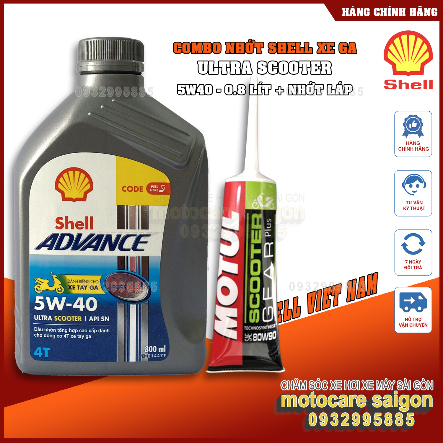 Combo giá shock nhớt Shell advance ultra scooter 5W40 + nhớt hộp số Motul