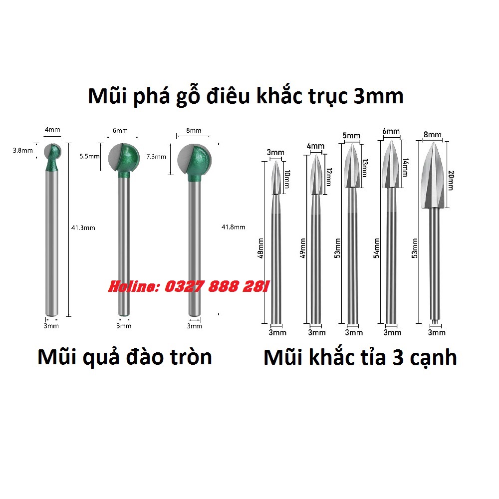 Mũi điêu khắc gỗ lũa trục 3mm mũi phá gỗ quả đào mũi tỉa gỗ khắc chạm 3 cạnh
