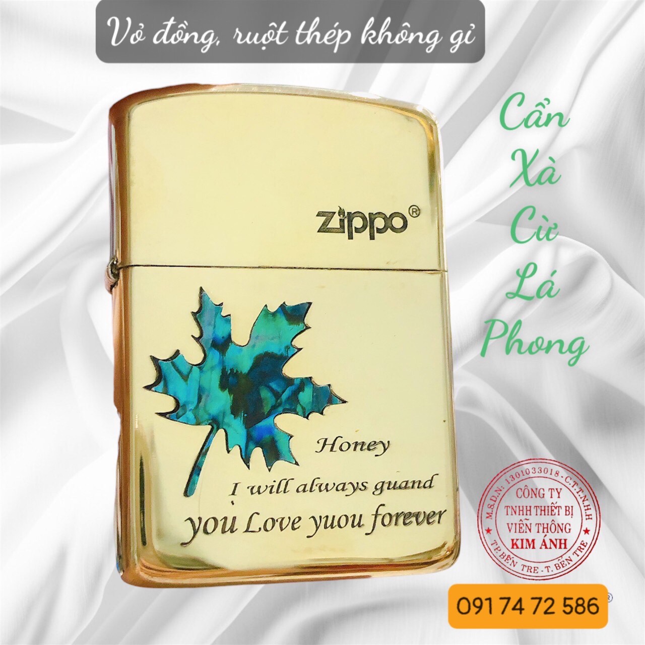 Zippo Brass, Armor vỏ dầy khắc chìm cẩn xà cừ mẫu lá phong , vỏ đồng ruột thép không gỉ