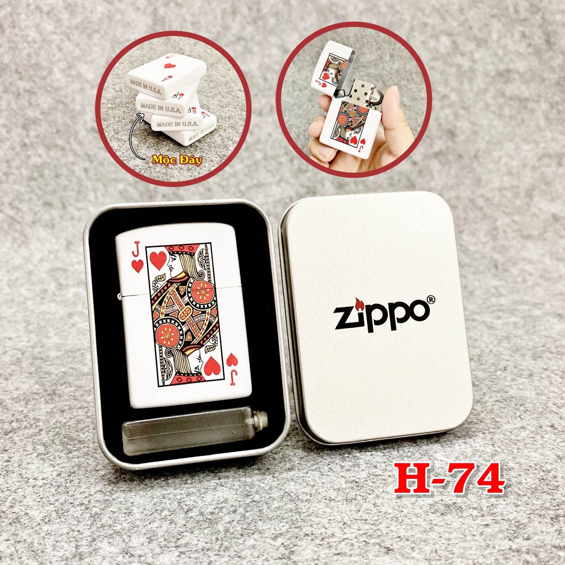 BẬT LỬA ZIPPO 2 MẶT HÌNH LÁ BÀI "J CƠ" (HỘP THIẾC KÈM XĂNG)