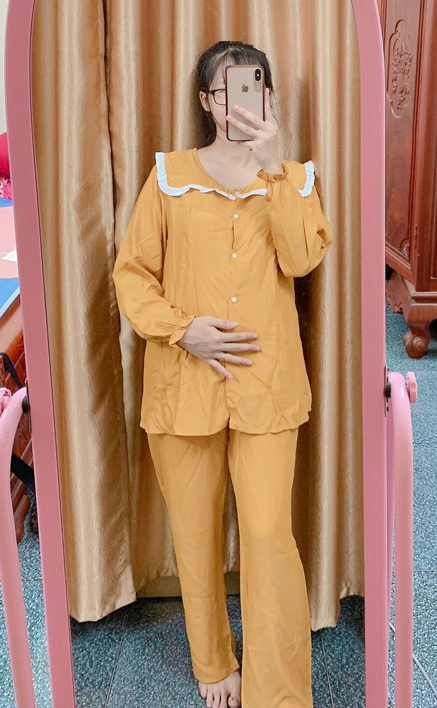 Bộ bầu và bộ mặc sau sinh cổ bèo có khóa cho con bú, đồ bầu mặc nhà
