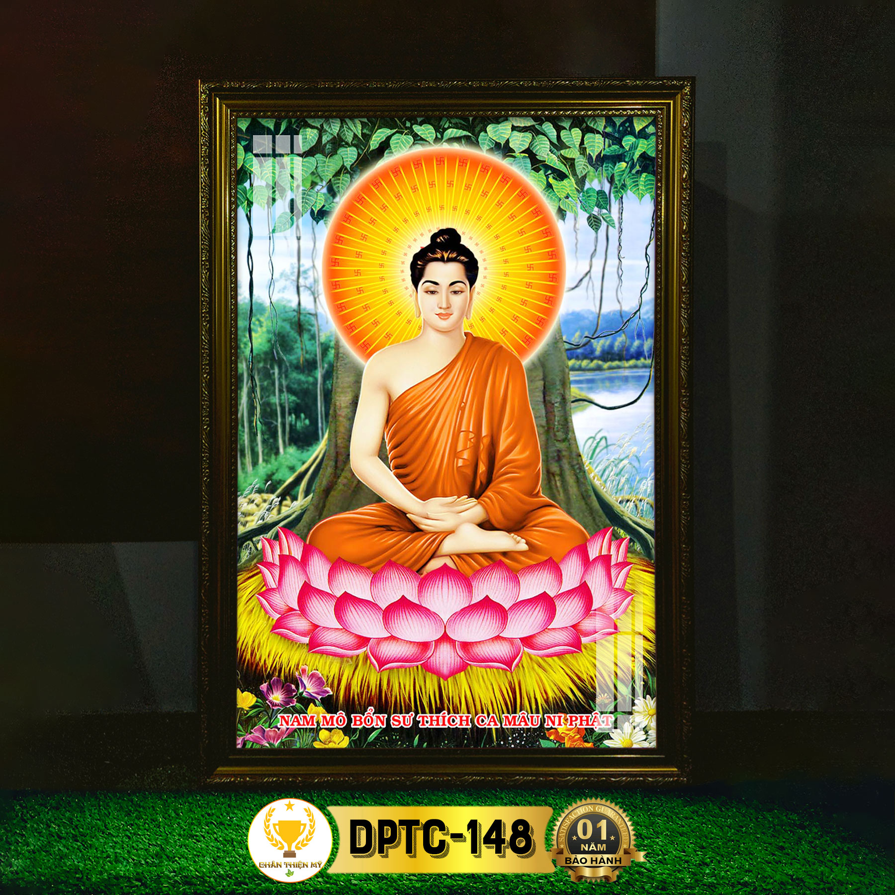 Tranh thờ phật thích ca có đèn chân thiện mỹ, trang trí bàn thờ treo tường cùng tượng phật dptc-148