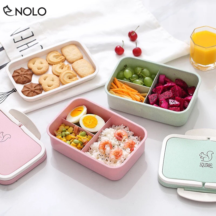 Bộ Hộp Cơm Bento Hình Chữ Nhật 2 Tầng 3 Ngăn Có Tay Cầm Chất Liệu Nhựa Lúa Mạch PP Dung Tích 1000ml