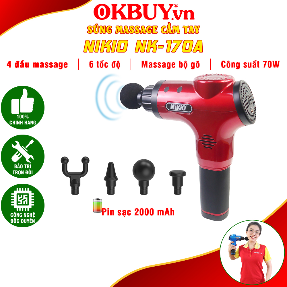 Súng massage cầm tay, súng giải cơ, máy massage cầm tay, máy massage gun Nikio NK-170A - 4 đầu 6 tốc độ - HÀNG CHÍNH HÃNG - NHẬT BẢN - màu đỏ| OKBUY