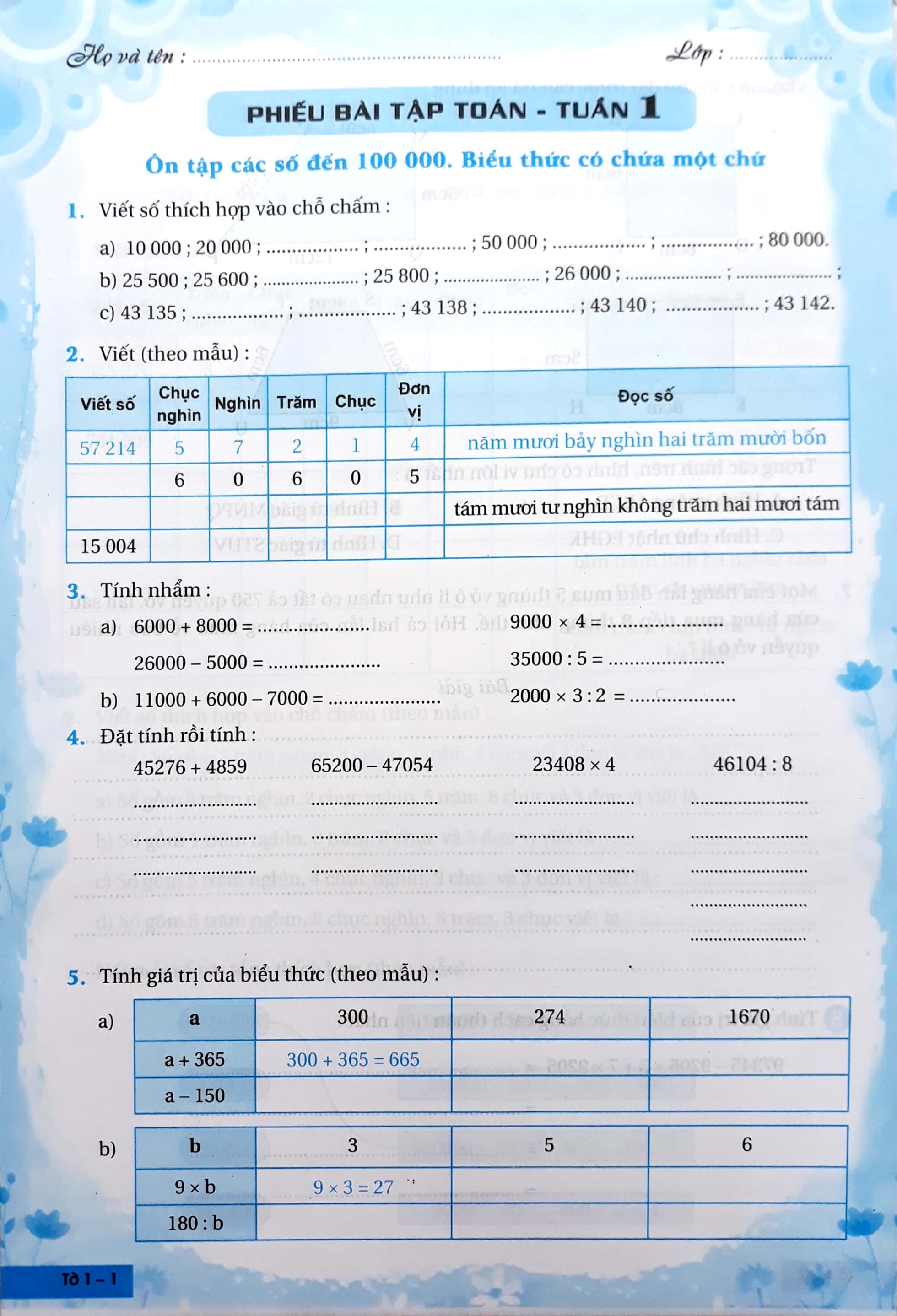 Phiếu bài tập cuối tuần môn Toán lớp 2