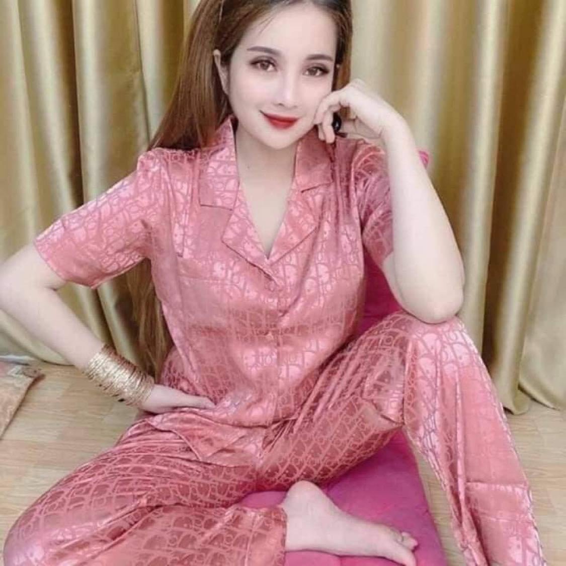 Bộ Pijama Cao Cấp Chất Lụa Gấm Tay cộc - Quần Dài
