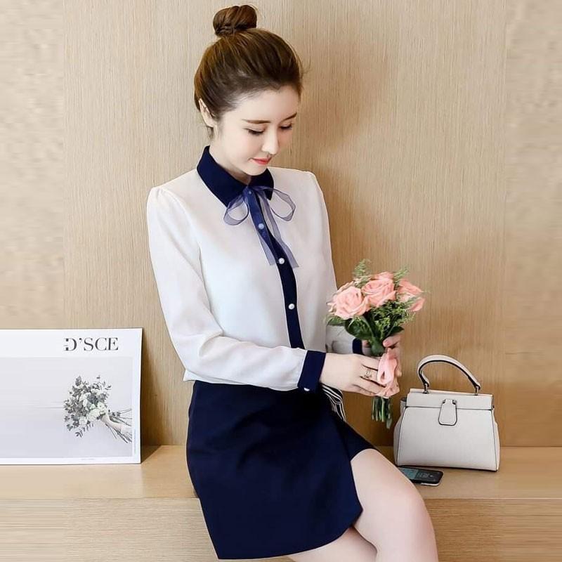 Áo sơ mi công sở viền cổ kèm nơ