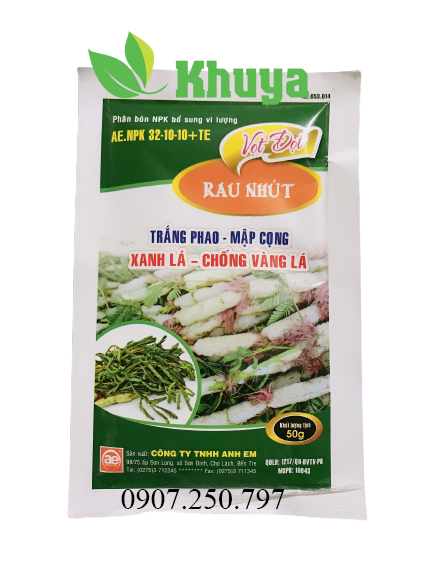 Phân bón NPK vi lượng 32-10-10+TE Vọt Đọt Rau nhút 50gr Trắng phao Mập cọng