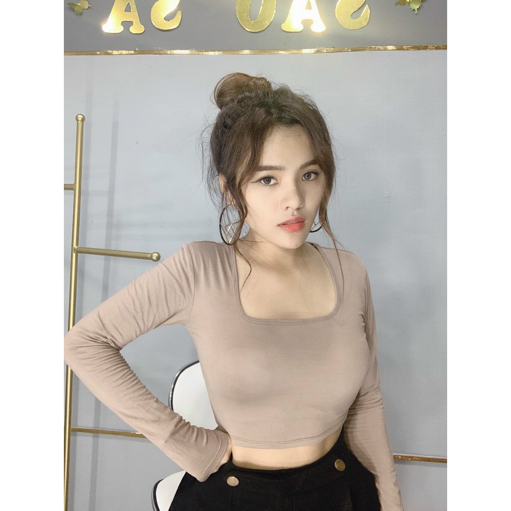 Áo thun lụa dài tay cổ vuông rộng siêu hot sang chảnh dáng croptop xinh khoe dáng