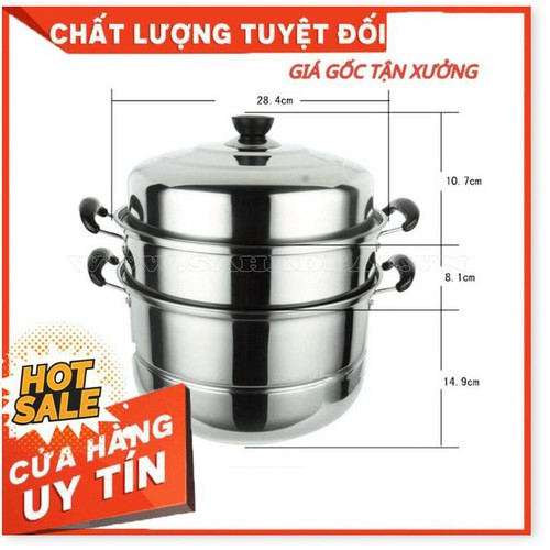 (CHUẨN) XỬNG HẤP - NỒI HẤP 3 TẦNG INOX SIZE 28cm