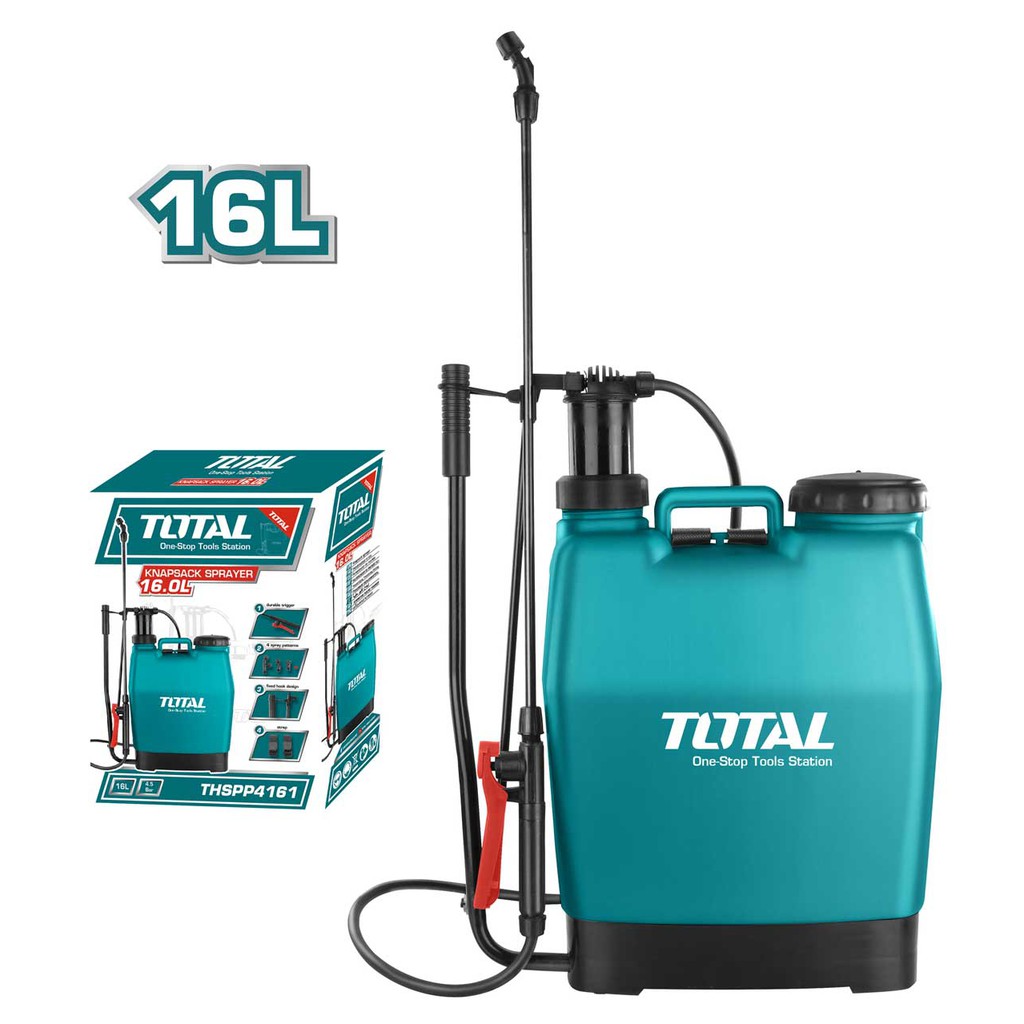 Bình xịt 16L TOTAL THSPP4161 Dung tích bình xịt: 16L, Cần kích hoạt Y, điều cỉnh vòi phun từ phun mạnh đến phun sương. Thùng xịt lớn được thiết kế đặc biệt để phun các khu vực rộng lớn.